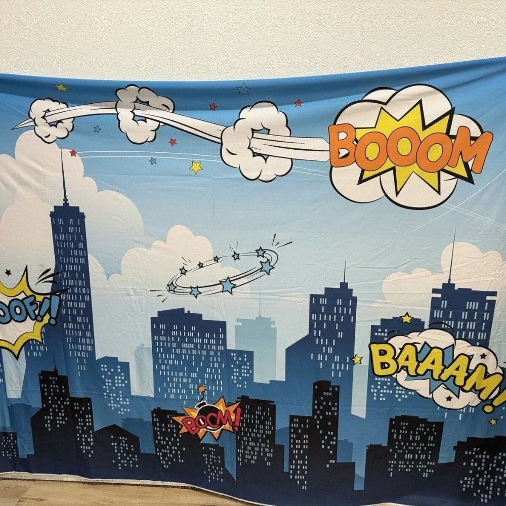 Superhero Backdrop Size 86x60 Party Batman’s Superman Used Cakesmash‎ Birthday